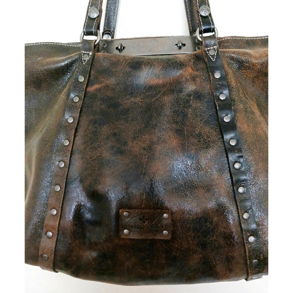 Patricia Nash Benvenuto Bark Brown Distressed Italian Leather Lg Tote Studs - Picture 5 of 11